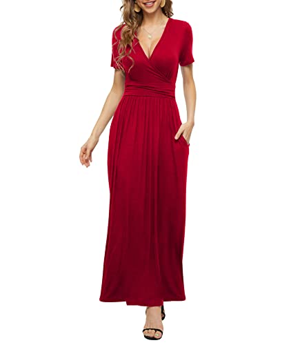 PCEAIIH Damen Kurzarm V-Ausschnitt Kleider Casual Boho Kleid Maxikleid mit Taschen Cocktailkleid Partykleid XL Rot von PCEAIIH