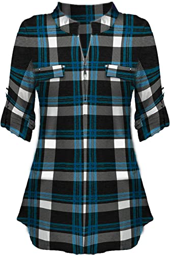 PCEAIIH Damen V-Ausschnitt Kariert Bluse 3/4 Ärmel Kurzarm Reißverschluss Tunika Tops Langarmshirts Hemd T-Shirt Blau Kariert L von PCEAIIH