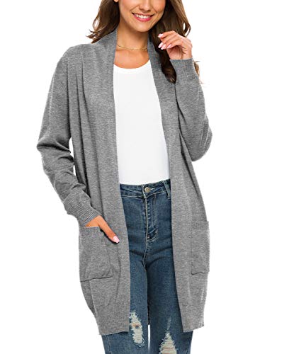 PCEAIIH Strickjacken für Damen Strickjacke Langarm Offene Strickmantel Lang Casual High Stretchy Cardigan mit Taschen L Grau von PCEAIIH