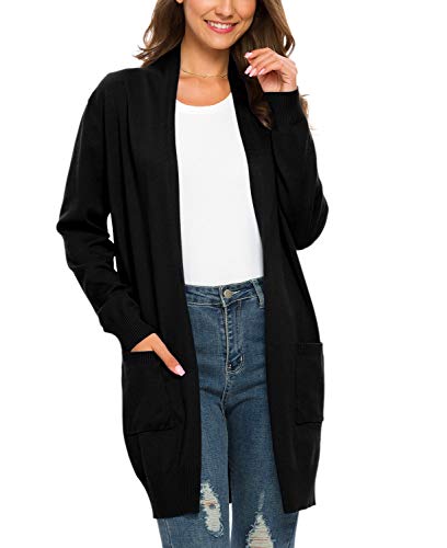 PCEAIIH Strickjacken für Damen Strickjacke Langarm Offene Strickmantel Lang Casual High Stretchy Cardigan mit Taschen L Schwarz von PCEAIIH