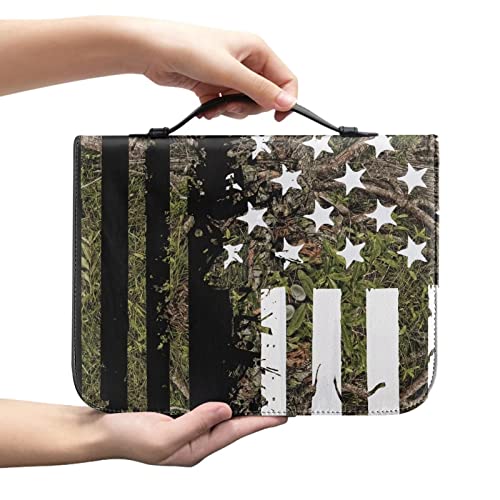 PCSJRKG Amerikanische Flagge, Camouflage, Jagd, Leder, Bibelhülle für Damen und Herren, Kinder, wasserdicht, Bibelhülle, Tragetasche, Kirchentasche, Kinder-Bibelschutztasche mit Griff und von PCSJRKG