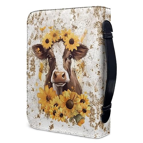 PCSJRKG Bibelhülle mit Kuh-Sonnenblumen-Motiv für Damen und Kinder, christliches Leder, Bibelhülle mit Griffen und Reißverschluss, wasserdichte Bibel-Tragetasche, Handtasche, Geschenke von PCSJRKG