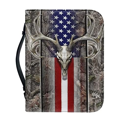 PCSJRKG Bibelhülle mit Stiftfächern und Tasche, Leder-Bibeltasche für Frauen und Mädchen, Bibeltragetasche Kirchentasche, Camo Amerikanische Flagge Hirsch - Grau, Large von PCSJRKG