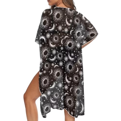 PCSJRKG Damen Strand Cover Up Badeanzug Kimono Cardigan mit lockeren Ärmeln, Sonne, Mond, Sterne, Schwarz, Einheitsgröße von PCSJRKG