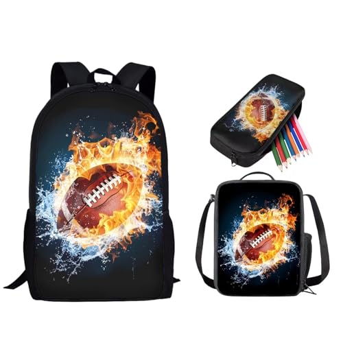 PCSJRKG Wasserfeuer Rugy Print Kinder Rucksack Set mit Lunchbox Stifttasche, großes Schulranzen-Set für Jungen und Mädchen, leichtes Schulrucksack-Set großes Tagesrucksack-Set für Grundschüler von PCSJRKG