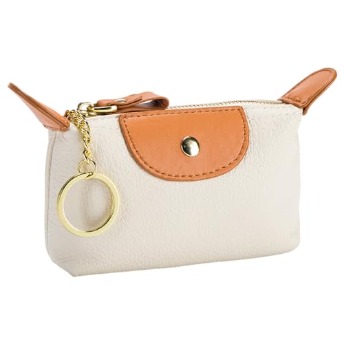 PDOOR Frauen Geldbörsen, echtes Leder Solid Color Reißverschluss Münze Geldbörse Mini Change Tasche mit Schlüsselanhänger-Weiß von PDOOR