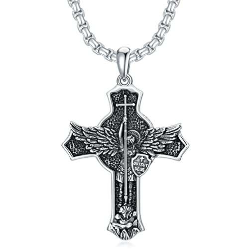 PDTJMTG Halskette mit Erzengel-Kreuz und St. Michael-/St. Christopher-Medaille aus 925er Sterlingsilber mit 56 cm + 5 cm Edelstahlkette von PDTJMTG