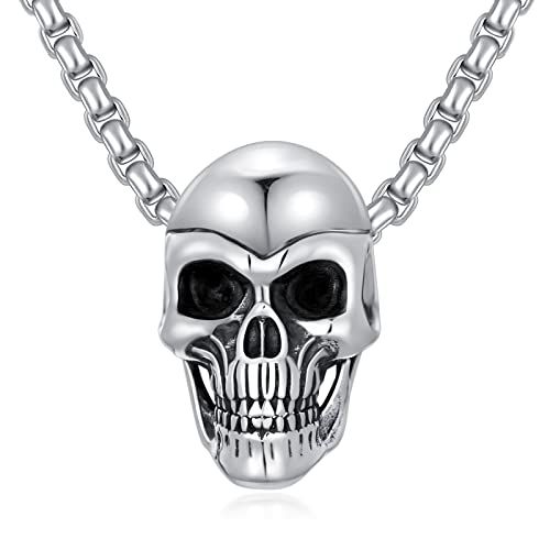 PDTJMTG Totenkopf Halskette 925 Sterling Silber 3D Gothic Schädel Anhänger Halloween Halskette für Herren Frauen mit 22”+2” Edelstahl Kette von PDTJMTG