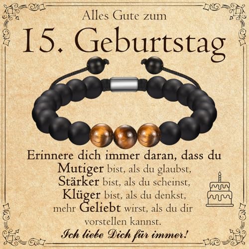 PDTU 15 Geburtstag Jungen, Tigerauge Armband Geschenke für 15 Jährige Jungs zum Geburtstag, Coole Geschenke für 15. Geburtstag Junge von PDTU