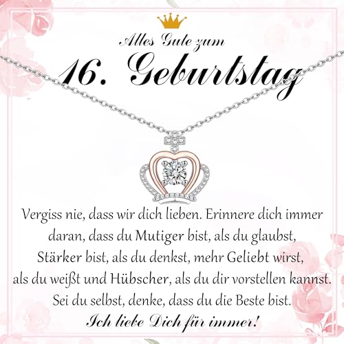 PDTU 16. Geburtstag Mädchen Krone Kette, Silber, Edelstahl, Zirkonia, Regal, Weiblich, Halskette, 49 cm, Poliert, 16-jährige Mädchen von PDTU