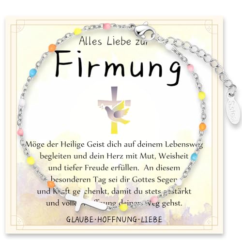 PDTU Firmung Geschenke für Mädchen, Kreuz Armband mit Bunte Perlen Geschenk zur Firmung für Mädchen, Geschenke für Tochter Nichte Enkelin von Eltern Paten Großeltern mit Firmung Karte von PDTU