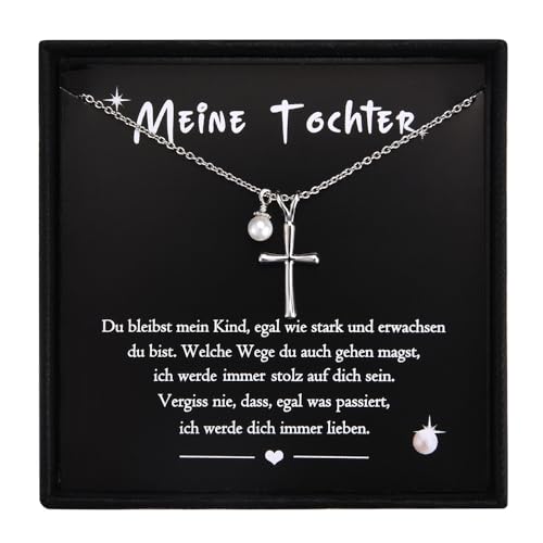 PDTU Geschenk für Tochter, Tochter Geschenke von Mama Kreuz Kette mit Perlen, An Meine Tochter Halskette für Muttertag Geburtstag Weihnachten Mit Karte Geschenkbox von PDTU