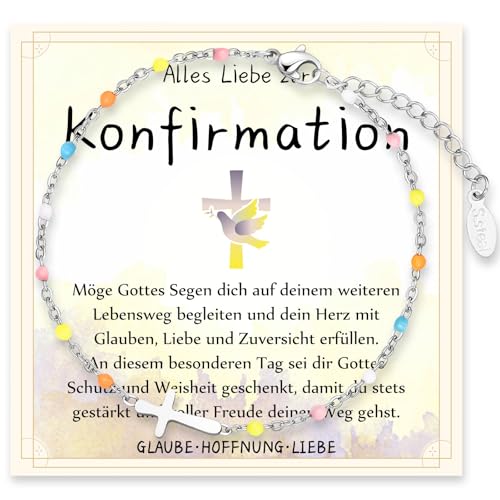 PDTU Konfirmation Geschenk Mädchen, Kreuz Armband mit Bunte Perlen Geschenk zur Konfirmation für Mädchen, Geschenke für Tochter Nichte Enkelin von Eltern Paten Großeltern mit Konfirmation Karte von PDTU