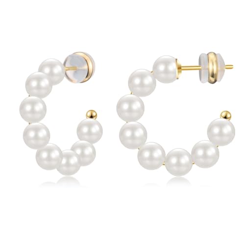PDTU Perlen Ohrringe Silber 925, Creolen mit Perlen, 14K Vergoldet Perlen Creolen Leichte Offene Hypoallergen Runde Perlen Ohrringe Mittelgroß 15mm für Frauen Mädchen von PDTU