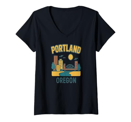 Damen Portland Oregon Bunte Retro-Cartoon-Stadt T-Shirt mit V-Ausschnitt Damen Portland Oregon Bunte Retro-Cartoon-Stadt T-Shirt mit V-Ausschnitt von PDX Design Co.