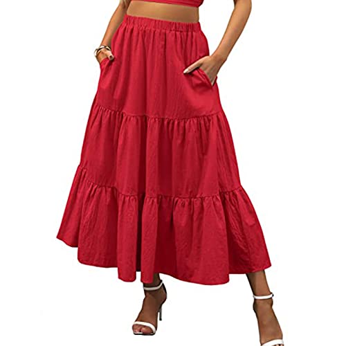 Bohemian Maxi Stufenröcke für Damen Boho Elastische Taille Schwingen Gerüschte 3 Stufen Rüschen A Line Mid Rock mit Taschen (Red, X-Large) von PDYLZWZY