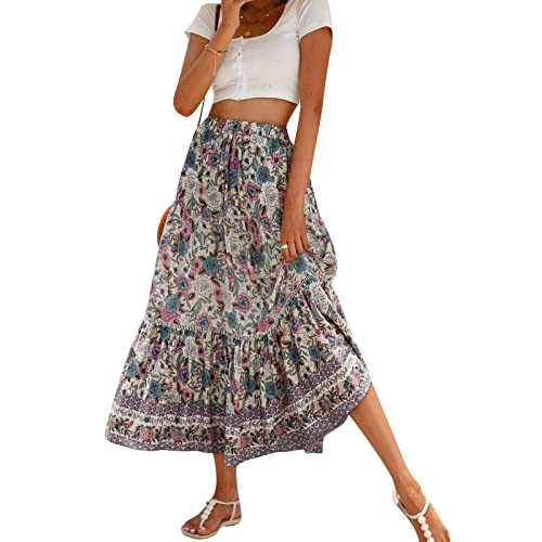 Damen 2023 Bohemian Lange Röcke Flowy Hohe Taille A Line Maxi Röcke Boho Vintage Blumendruck A Line Midi Röcke für Frauen Sommer (Creamy White, XL) von PDYLZWZY