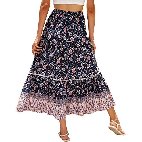 Damen 2023 Bohemian Lange Röcke Flowy Hohe Taille A Line Maxi Röcke Boho Vintage Blumendruck A Line Midi Röcke für Frauen Sommer (Navy, S) von PDYLZWZY