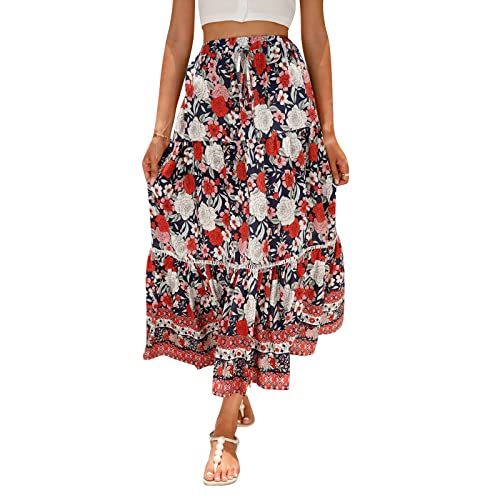 Damen 2023 Bohemian Lange Röcke Flowy Hohe Taille A Line Maxi Röcke Boho Vintage Blumendruck A Line Midi Röcke für Frauen Sommer (Red, S) von PDYLZWZY