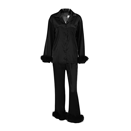 Damen Feder Schlafanzug Set Seide Satin Schlafanzug Langarm Button Down Hemd Lange Hose Nachtwäsche Lose Longewear Pjs (Black, X-Large) von PDYLZWZY