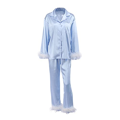 Damen Feder Schlafanzug Set Seide Satin Schlafanzug Langarm Button Down Hemd Lange Hose Nachtwäsche Lose Longewear Pjs (Lake Blue, Small) von PDYLZWZY