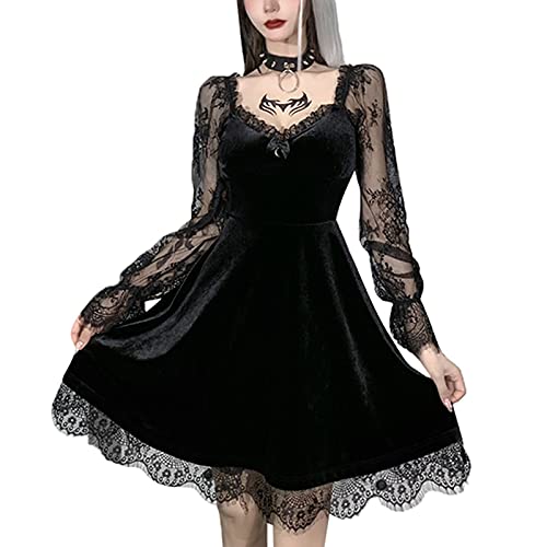 Damen Gothic Punk Minikleider Vintage Puffärmel Spitze Patchwork A Line Swing Goth Lolita Kleid Schwarz (Black#2, M) von PDYLZWZY