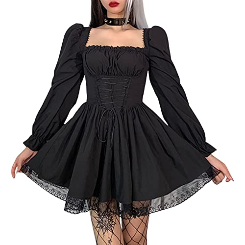 Damen Gothic Punk Minikleider Vintage Puffärmel Spitze Patchwork A Line Swing Goth Lolita Kleid Schwarz (Schwarz, S) von PDYLZWZY