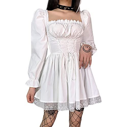 Damen Gothic Punk Minikleider Vintage Puffärmel Spitze Patchwork A Line Swing Goth Lolita Kleid Schwarz (Weiß, L) von PDYLZWZY