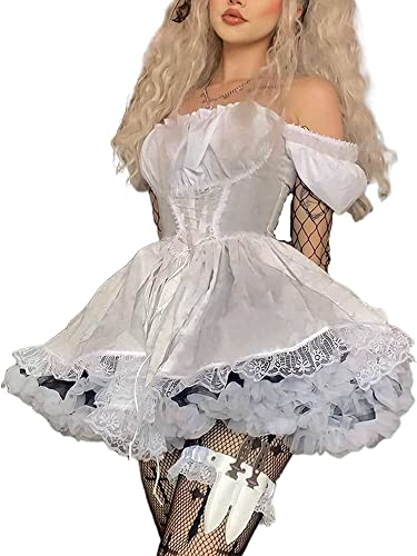 Damen Gothic Punk Minikleider Vintage Puffärmel Spitze Patchwork A Line Swing Goth Lolita Kleid Schwarz (White#1, L) von PDYLZWZY