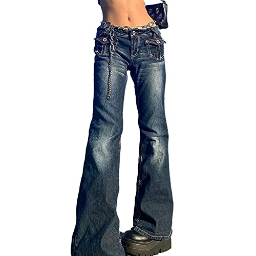 Damen High Waisted Flare Pants Wide Leg Denim Jeans Lose Baggy Cargo Pants Mit Pattentaschen Y2K E-Girl Streetwear (B, M) von PDYLZWZY