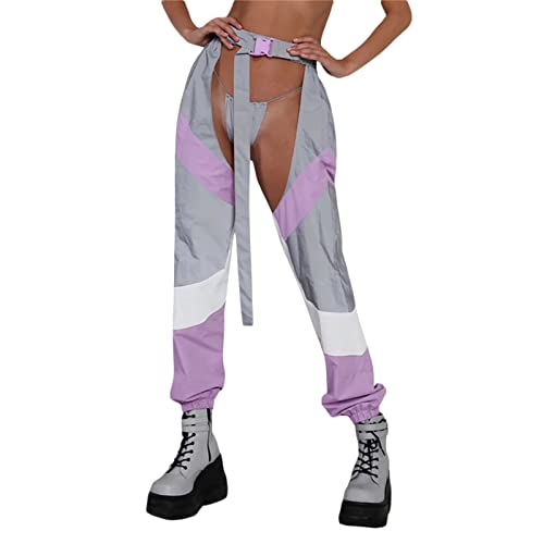 Damen Hip Hop Hohe Taille Cargo Hose Mesh Schnallen Jogger Street Style Hose Rock Belted Hose Hollow Out Pant (Purple Grey, S) von PDYLZWZY