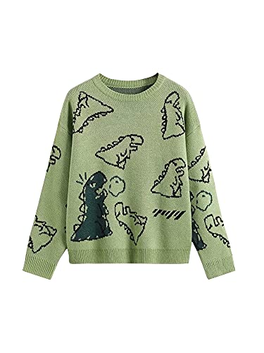 Damen Kawaii Cartoon Dinosaurier Print Pullover Y2K Langarm Farbblock Patchwork E Mädchen Strickpullover Casual Jumper (Grün, L) von PDYLZWZY