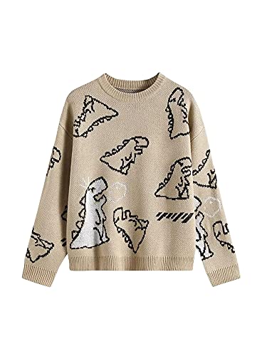 Damen Kawaii Cartoon Dinosaurier Print Pullover Y2K Langarm Farbblock Patchwork E Mädchen Strickpullover Casual Jumper (Khaki, M) von PDYLZWZY