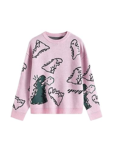 Damen Kawaii Cartoon Dinosaurier Print Pullover Y2K Langarm Farbblock Patchwork E Mädchen Strickpullover Casual Jumper (Rosa, L) von PDYLZWZY