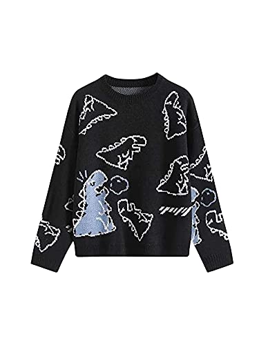 Damen Kawaii Cartoon Dinosaurier Print Pullover Y2K Langarm Farbblock Patchwork E Mädchen Strickpullover Casual Jumper (Schwarz, S) von PDYLZWZY