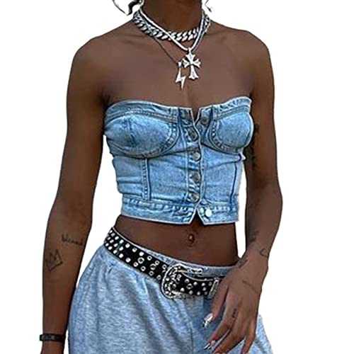 Damen Knopf unten Denim-Bustier Crop-Top Trägerloses Jeans Korsett Top Rückenfreies Push Up Korsett Tanktops Vintage Harajuku Streetwear (A, M) von PDYLZWZY