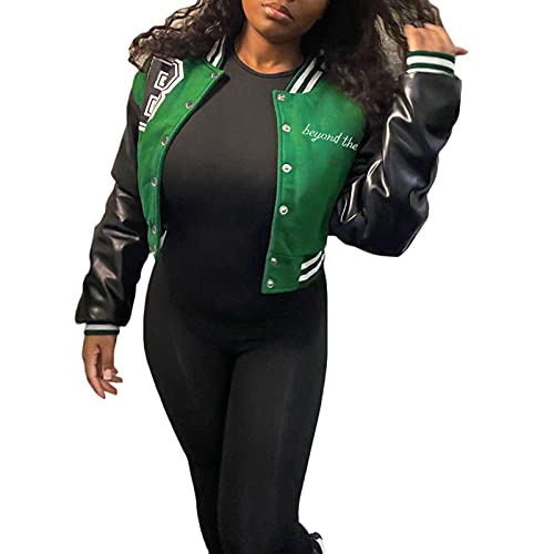 Damen Kurze Varsity Baseball Jacke Y2K Reißverschluss Bomber Buchstabenmuster Slim Fit Punk Jacke Streetwear Hip-Hop Mantel (Grün, M) von PDYLZWZY