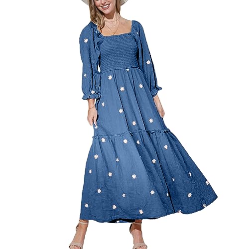 Damen-Maxikleid mit Langen Puffärmeln und Blumenmuster, lässig, quadratischer Ausschnitt, gesmokt, A-Linie, langes Partykleid, gestuftes, fließendes Chiffon-Kleid (Blue, M) von PDYLZWZY