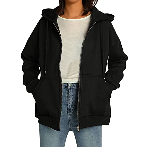 Damen Oversized Full Zip Kordelzug Hoodies Sweatshirts Langarm Y2K E-Girl Pullover Jacken mit Taschen (Schwarz, S) von PDYLZWZY