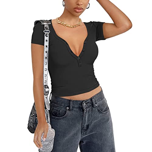 Damen Sexy Henley V-Ausschnitt Button Down Kurzarm Going Out Y2K Gerippte Tshirts Crop Tops (Black, L) von PDYLZWZY