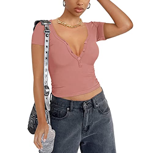 Damen Sexy Henley V-Ausschnitt Button Down Kurzarm Going Out Y2K Gerippte Tshirts Crop Tops (Pink, S) von PDYLZWZY