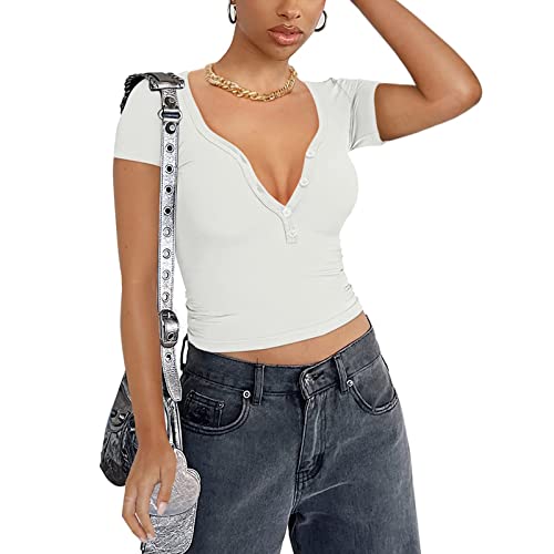 Damen Sexy Henley V-Ausschnitt Button Down Kurzarm Going Out Y2K Gerippte Tshirts Crop Tops (White, XL) von PDYLZWZY