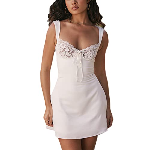 Damen Sexy Low-Cut Minikleid Spaghettiträger Quadratischer Ausschnitt Spitze Patchwork A-Linie Mini Tankkleid Y2K Aushöhlen Cami Kleid (White, S) von PDYLZWZY