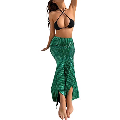 Damen Sexy Meerjungfrau Röcke Fischschuppen Druck Shinny Split Bodycon Langer Rock mit Hologramm Finish, Halloween Maxi-Rock (Green, M) von PDYLZWZY