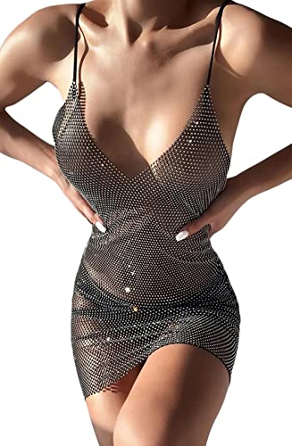 Damen Sexy Mesh Badeanzug Cover Ups Sheer V-Ausschnitt Strass Glitter Ärmellos Coverups Fischnetz Hollow Out Kleid (Black, L) von PDYLZWZY