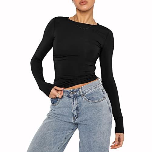 Damen Slim Fit Basic Crop Tops Einfarbig Langarm Rundhals Cropped Tops Pullover Shirt Y2K Streetwear (A-Black, S) von PDYLZWZY