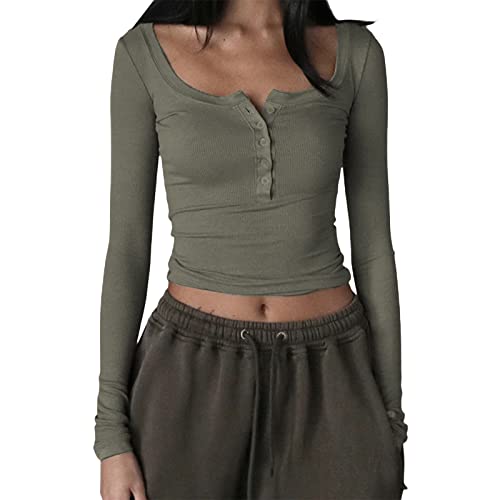 Damen Slim Fit Crop Tops Casual Button Square Neck Langarm Y2k Fairy Grunge Shirts Tight Ribbed Streetwear (Army Green#2, S) von PDYLZWZY