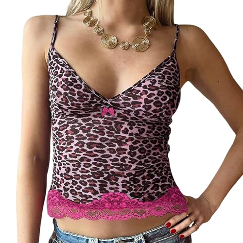 Damen Sommer Leopard Cami Crop Top Spaghettiträger Spitze Patchwork Tank Tops Ärmellos Sheer Mesh T-Shirt Streetwear (Dark Brown, M) von PDYLZWZY