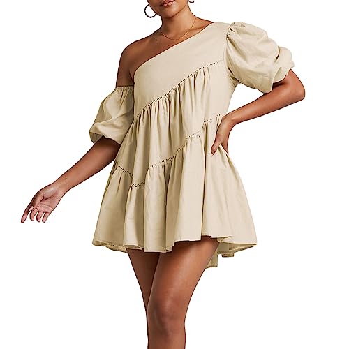 Damen Sommer Ruffle Mini Kleid Lässige Kurze Puffärmel Einfarbig gestuftes Kleid in A-Linie Fließendes kurzes Babydoll-Kleid (Apricot, M) von PDYLZWZY