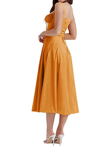 Damen Spaghettiträger Bustier Langes Kleid Viereckiger Ausschnitt Niedrig geschnitten Ärmellos A Line Schlitz Boho Floral Midikleid Spitzenbesatz Korsett Midi Sonnenkleid (Orange, M) von PDYLZWZY